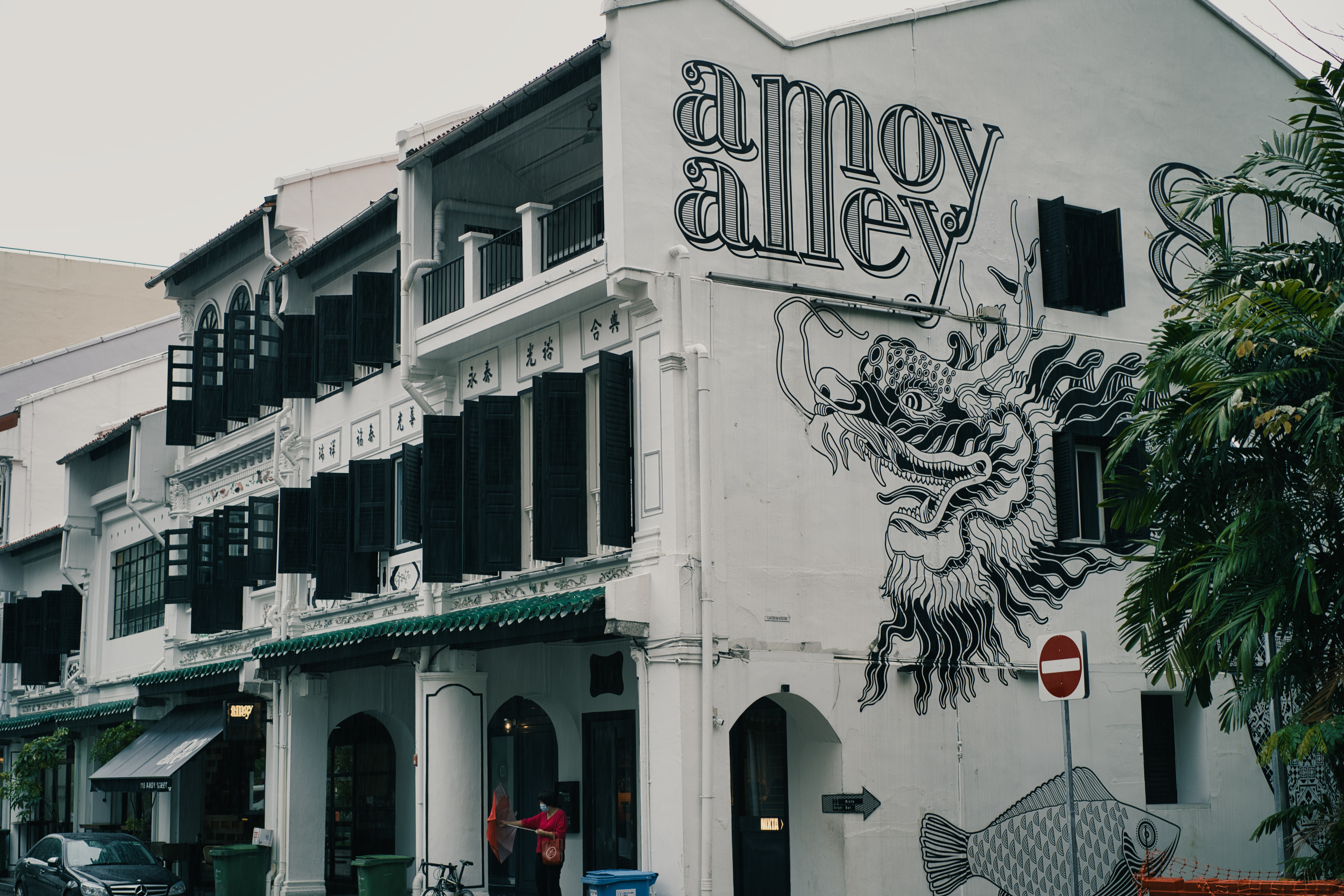 A row of white Singapore shophouses with a black-and-white dragon mural on the end wall